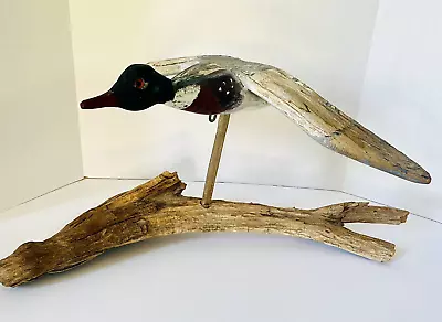 Vint Carved  Red-breasted Merganser Duck Decoy On Wing Glass Eyes Pegged Wings • $350