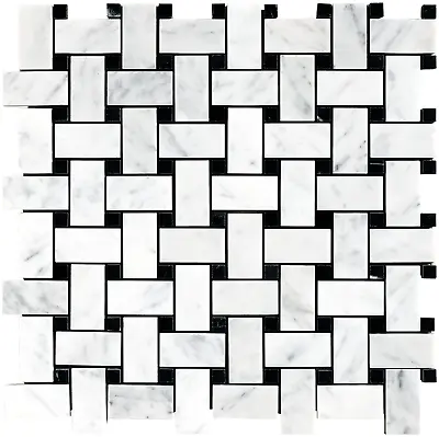 Simple Tile-Marble Mosaic Tile Basketweave Collection Carrara White+Nero Marquin • $6.99
