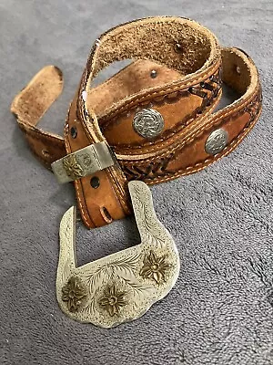 VTG Western Leather Silver Concho Belt 36 With 2 Tone Buckle Brown Tooled Inlay • $59.90