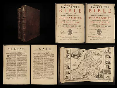 1701 RARE French Holy Bible Biblia Sacra Vulgate De SACY 2v Jerusalem Israel MAP • $750