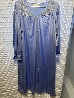 Vanity Fair  Vintage Blue Floral Lace Embroidered Nylon Robe XL • $12
