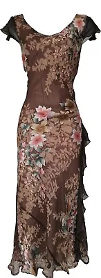 Womens Monsoon Brown Pink Floral Ruffle Silk Y2k Long Bias Cut Vintage Dress 8. • £47.99