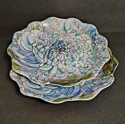 *2* Nicole Miller Blue Floral Peony MELAMINE DINNER Plates Set Gold Lavender EUC • $17