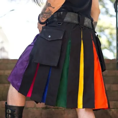 Deluxe Hybrid Black/Rainbow Utility Cargo Kilt With Two Pockets  Size 28 To 60  • $54.99