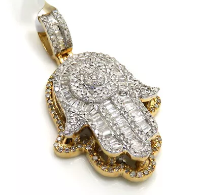 1.06ct Mens 14k Gold Baguette Diamond Double Layered Medium Hamsa Pendant • $845