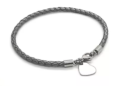 3mm Grey Braided Leather Bracelet Or Ankle Chain Anklet With Heart Charm • £10