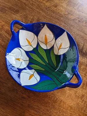 Mexican Pottery Calla Lily Flower Bowl With Handles Blue Glazed Folk Art • $21