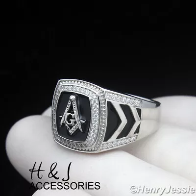 Men Solid 925 Sterling Silver Icy Bling Cz Master Mason Sqaure Ring*asr214 • $55.99