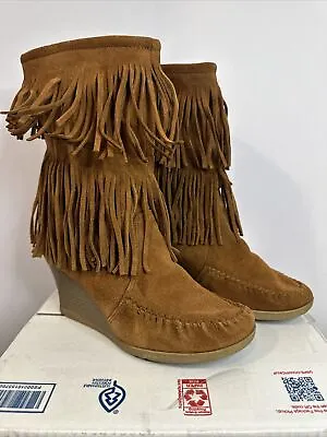 Minnetonka Moccasin 84032 Brown Leather 2 Fringe Layer Wedge Boots Size 8 • $30