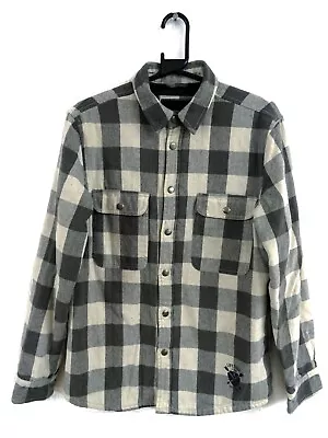 Men's Retro Grey 50% Wool Check Snap Lumberjack Lined Skater Work Shirt SMALL • £9.99