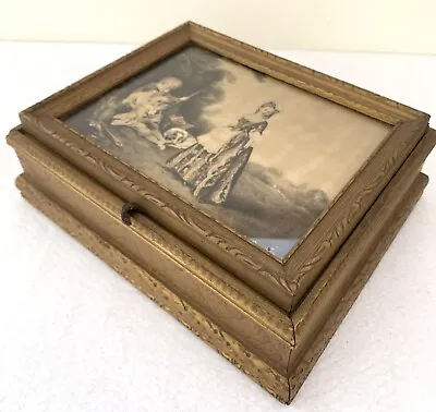 $109 • Buy Vintage French Wooden Box Hinged Lid Jewelry Casket Mirrored Pastoral Scene BIG