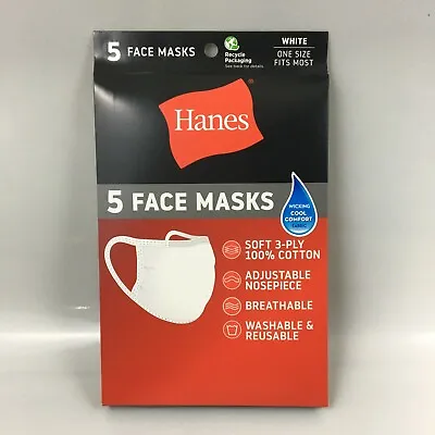 Hanes 5 Pack Face Masks - White Cotton Reusable Cover Face Mask Cloth NEW • $7.49