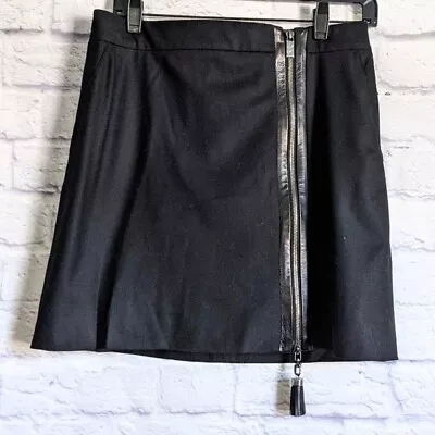 Vintage Celine Wool Mini Skirt 40 US 10 Black Leather Zipper Tassel Designer • $99.95