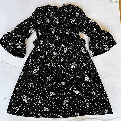 ZARA Basic Size M Ruched Black Floral Dress With Ruffles 3/4 Sleeves • $16.90
