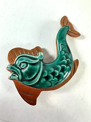 Vintage Brooch Sea Creature Fish Copper Ceramic Green  Large Modernist • $39