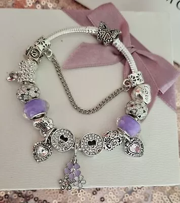 Pandora Bracelet Butterfly + Silver &Purple Charms 19 Cm + Pandora Box S925 ALE  • £74.99
