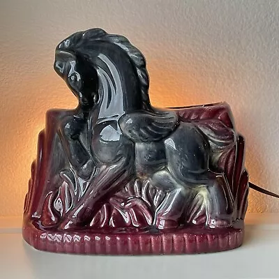 Vtg MCM Ceramic TV Lamp W/Planter Black & Maroon Prancing Pegasus Horse Art Deco • $69.95