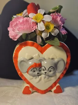 Vtg Ceramic Valentine's Day Heart Planter Heart  Mice Mouse Love Red White Mcm • $37