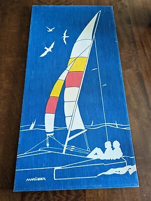 Vintage Marushka Print Sailboat Seagulls Blue Background - 12  X 24  • $55