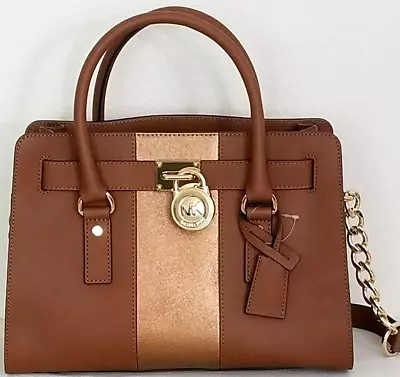 🌞michael Kors Hamilton Center Stripe Luggage Saffiano Leather Satchel Bag🌺nwt! • $185.99