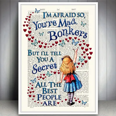 £6.99 • Buy Alice In Wonderland Bonkers Quote Art Print Dictionary Style Poster Wall Picture