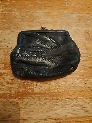 Vintage Genuine Leather Black Patch Coin Purse Change Holder. • $12