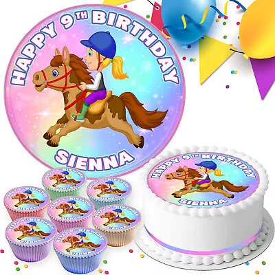 Girls Horse Riding Birthday Personalised Edible Cake Topper & Cupcakes Pk263 • £5.09