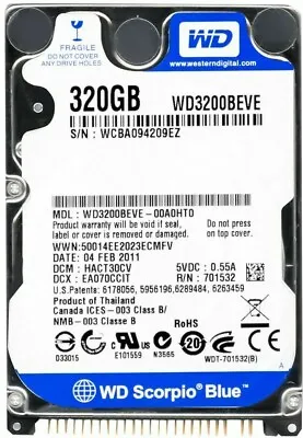 Hard Drive WD Blue Scorpio WD3200BEVE 320GB 5400U/Min 8MB Pata / Ata / Ide 2.5   • £119.84