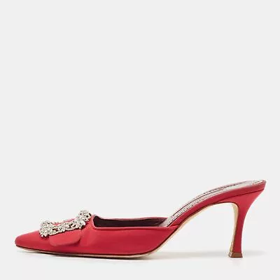 Manolo Blahnik Red Fabric Hangisi Mules Size 39.5 • $330.75