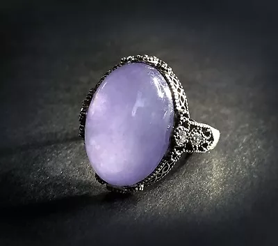 Vintage Art Deco NATURAL LAVENDER JADEITE JADE White Topaz Sterling Silver Ring • $148.99