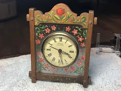 Vintage LINDEN Windup Alarm Clock Floral Wood Base Western Germany - Works • $25