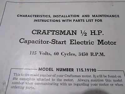 Installation Maintenance Manual W/Parts Vintage Craftsman 1/2HP Motor 115.19190 • $12.99