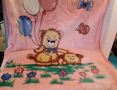 RARE HTF Vintage Mink Baby Blanket Bear With Balloons Petting Puppy Kawaii Style • $160