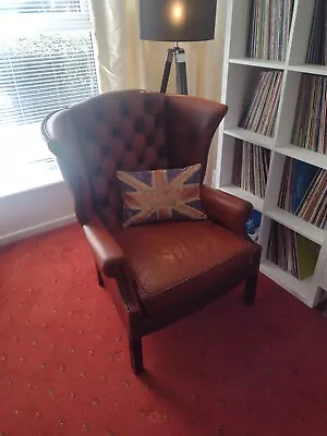 Vintage Chesterfield Wing Back Leather Queen Anne Arm Chair Great Patina &  Wear • £50