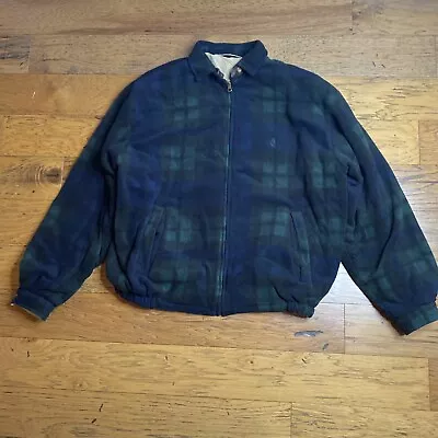 VTG NAUTICA Men 2XL Reversible Leather Trim Green Plaid Fleece Jacket • $85.46