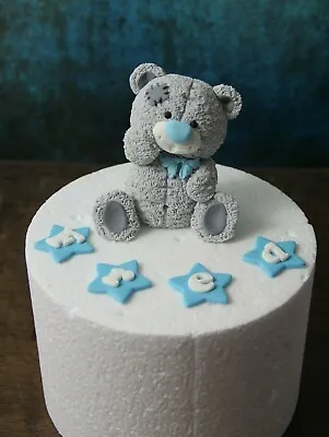 Edible Handmade Grey Teddy Bear And Name Birthday / Baptism Cake Topper • £19.99