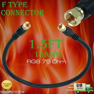 1.5ft RG6 (18AWG) 75Ohm Quad Shield CL2 Coaxial Cable With F Type Connec • $8.95