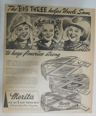 Merita Bread Ad: The Big Three Helps Uncle Sam! From 1940's Size: 14 X 18 Inches • $25