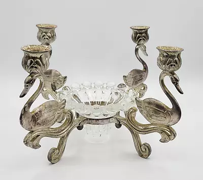 Vintage Silver Plated 4 Swan Candelabra Candle Holder & Glass Bowl Stand • $29.99