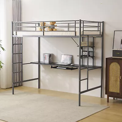 Heavy-duty Twin Metal Loft Bed Frame With Desk And 2 Shelf 2 Ladders For Teens • $160.98