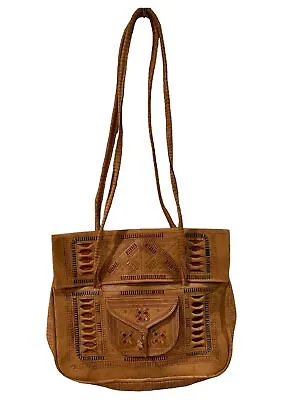 Vintage Moroccan Leather Shoulder Bag Tooled Fold Over Closure Brown Purse • $9.99