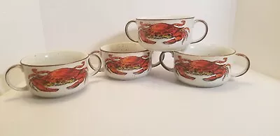 Vintage DH Holmes Gumbo Soup Bowls Stoneware Set Of 4 Seafood Crab Double Handle • $175.99