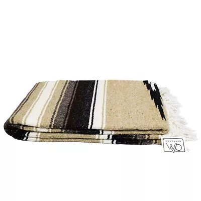 Mexican Yoga Blanket Tan Brown Grey Black White Diamond Stripe Thick Serape  • $26.95