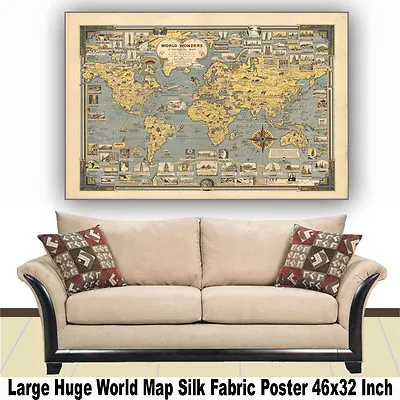 Large Huge Giant Silk Poster World Map Miracle History Vintage Building 46 X32  • $17.99