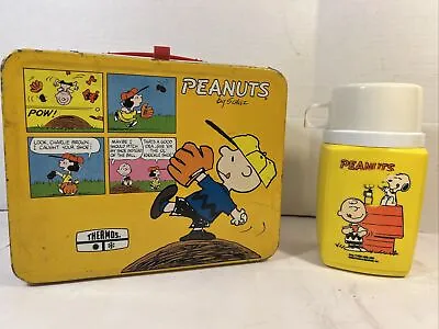 Peanuts 1965 Lunchbox Thermos Yellow Red Lunch Box Linus Snoopy Charlie Brown • $59.99