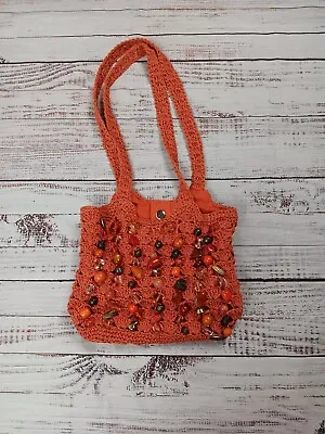 Cappelli Crossbody Bag BOHO Crochet Woven Straw Beaded Rainbow Orange Beachy  • $18