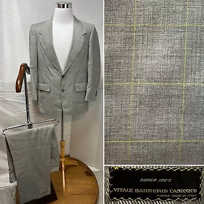 Vitale Barberis Canonico Taupe Yellow Plaid 42S Blazer 35x29 Pants Custom Suit • $99