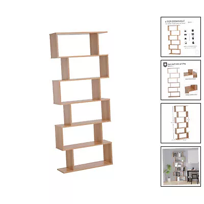 6-Tier Wooden S-Shaped Shelf Storage Unit Home Office Maple Colour [WOOD] • £59.75