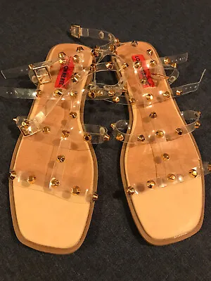 London Rebel See Through Strappy Studed Sandals Fkat Size UK 6 EUR 39 • £20