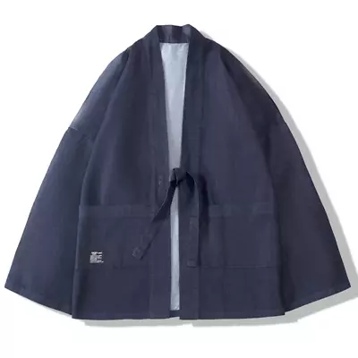Men Kimono Denim Coat Jacket Cardigan Japanese Yukata Loose Casual Retro • £26.39